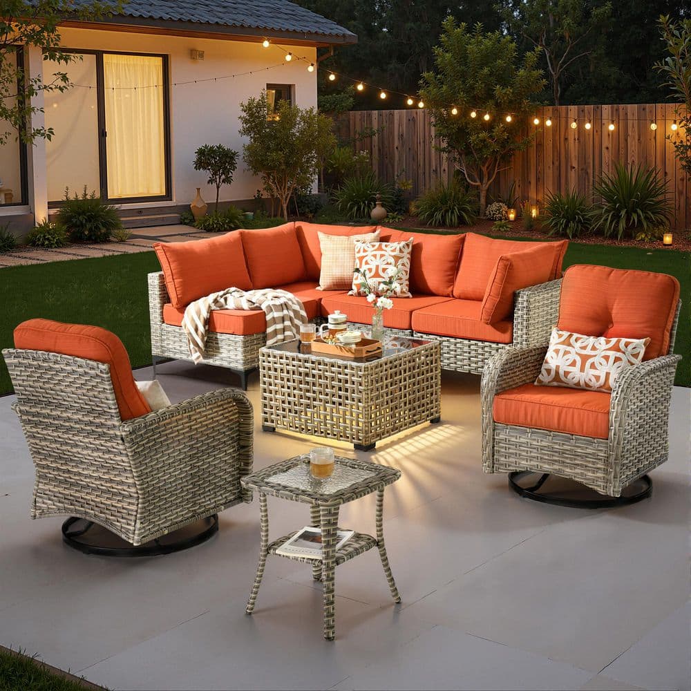 Melly Gray 8-Piece Wicker Patio Furniture Set with Bold-stripe Orange Red Cushions and Swivel Chairs price history on PriceWatchPro