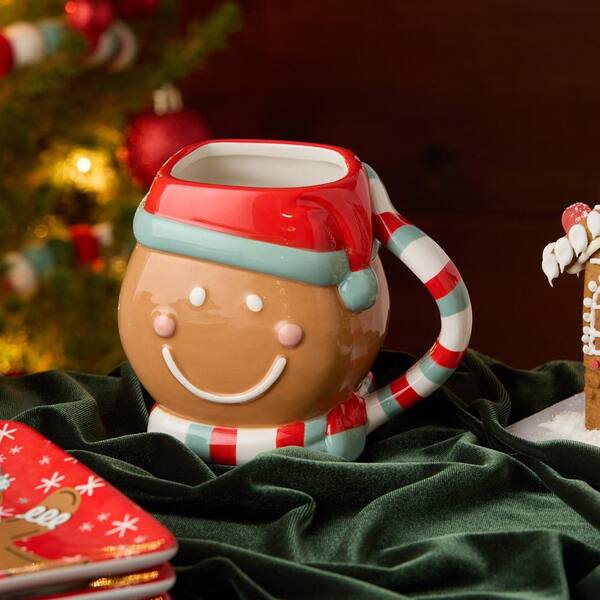 Christmas Whimsy Gingerbread 18 oz. Assorted Colors Ceramic Mugs (Set of 4)