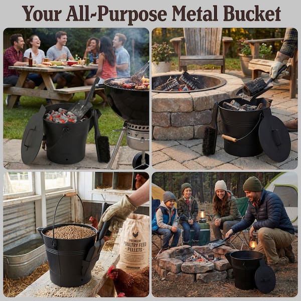 Pure Garden 2.11 Gal. Ash Bucket with Lid, Broom, and Shovel for