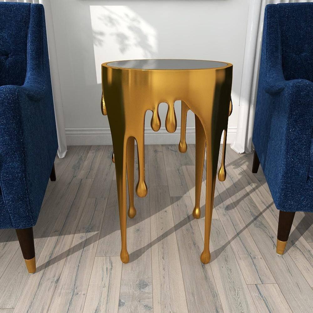 Gold Drip Round Aluminum Accent Table with Glass Top