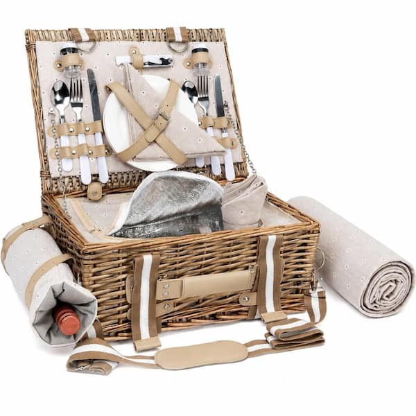 19-Piece Tan Wicker Picnic Basket Set for 2 with Insulated Liner and Waterproof Blanket Picnic Baskets