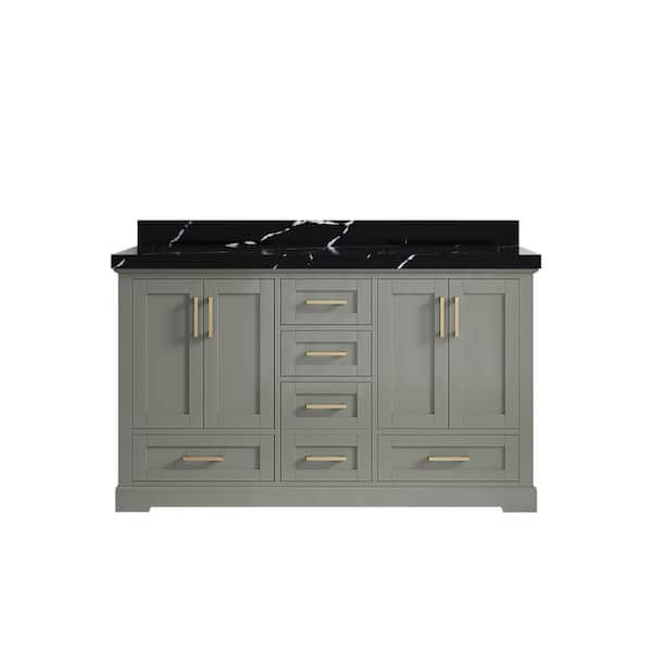 Willow Collections Boston 60 in. W x 22 in. D x 36 in. H Double Sink Bath Vanity in Evergreen with 2 in. Calacatta Black Qt. Top