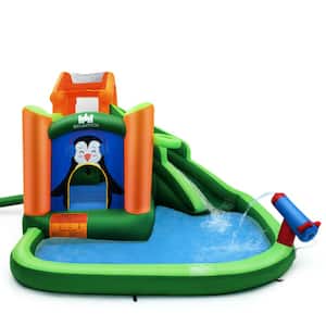 Inflatable Slide Bouncer and Water Park Green Bounce House Climbing Wall Splash Pool Water Cannon