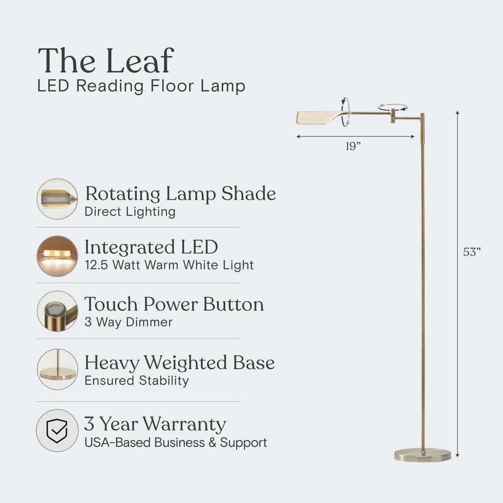 Elegant Antique Brass 53" Adjustable LED Task Floor Lamp with 3-Way Dimmer