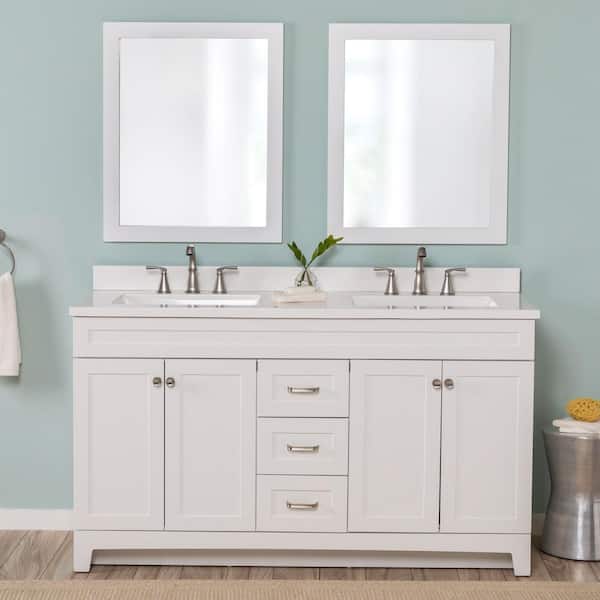 Home Decorators Collection Thornbriar 61 in. W x 22 in. D x 39 in. H Double Sink Freestanding Bath Vanity in White with White Cultured Marble Top