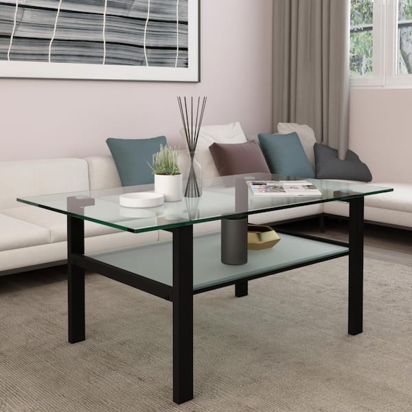 GODEER 39.37 in. Black Rectangle Glass Coffee Table, Modern Simple
