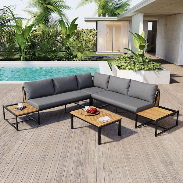 4-Piece Metal Patio Conversation Set with Gray Waterproof Cushions