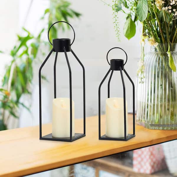 13 in. x 4.5 in. Black Metal Classic Lantern with LED Candle(2-pack)