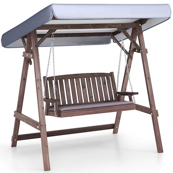 ANGELES HOME 2-Person Porch Swing with Fir Wood Stand and Tilt Canopy
