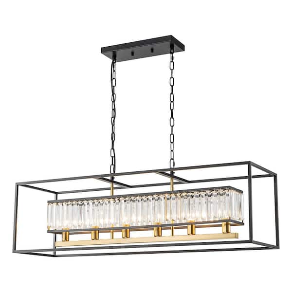 Kathy Contemporary Luxury 6-Light Black Rectangular Frame Chandelier with Inner Crystal Kitchen Island Pendant Light