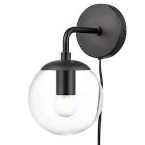 Greta 4.75 in. Black/Clear Globe Plug-In Wall Sconce with Glass Shade