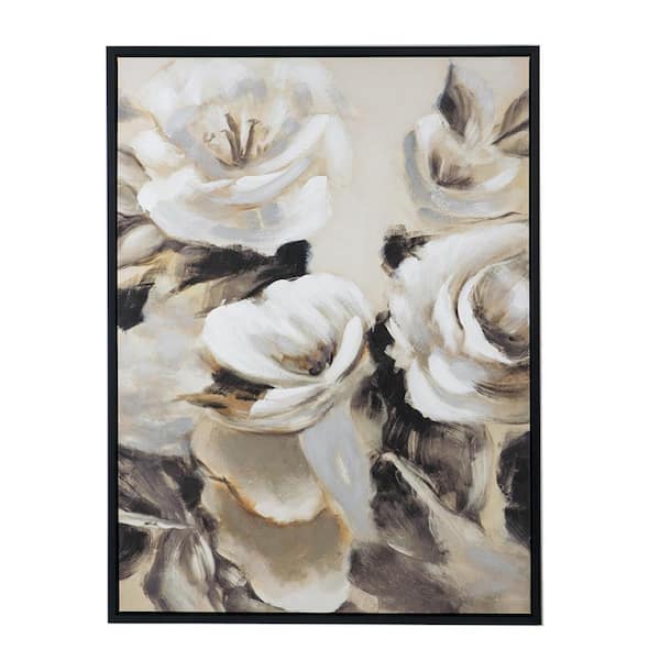 Benjara Beige, Cream and Black Wooden Framed Flower Print Wall Art