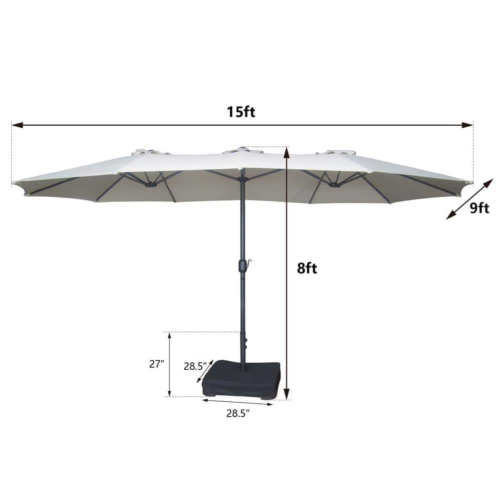 Beige 15-ft Steel Double-Sided Patio Umbrella with Base