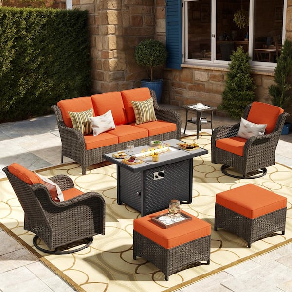 Clario 7-Piece Wicker 3-Seat Patio Conversation Set with Fire Pit Table, Orange Red Cushion & 360° Swivel Chair for Deck
