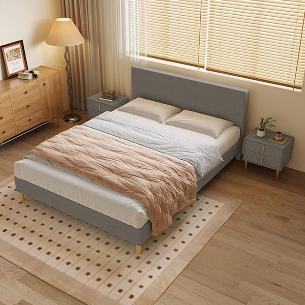 Harper & Bright Designs Classic Dark Gray Wood Frame Queen Size Cotton and Linen Upholstered Platform Bed with Soft Headboard