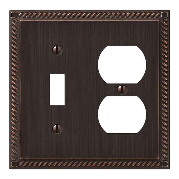 AMERELLE Georgian 2 Gang 1-Toggle and 1-Duplex Metal Wall Plate - Tumbled Aged Bronze