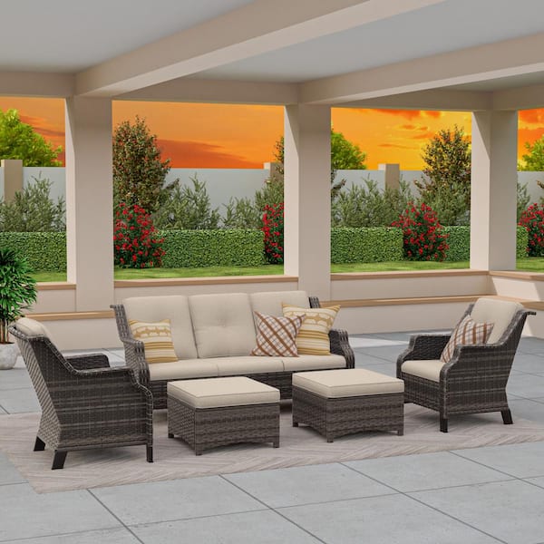 5-Piece Wicker Outdoor Patio Sofa Conversation Set Sectional Seating with Beige Cushions and Ottomans