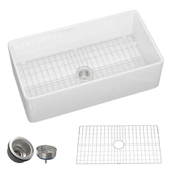 Zeafive Dior 33 in. Apron Front Single Bowl Fireclay Farmhouse Farm Kitchen Sink with Bottom Grid and Strainer in Glossy White
