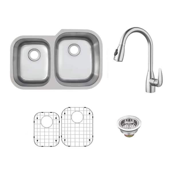 31.5 in. Undermount 40/60 Double Bowl 18-Gauge Stainless Steel Kitchen Sink with Pull Down Sprayer Kitchen Faucet