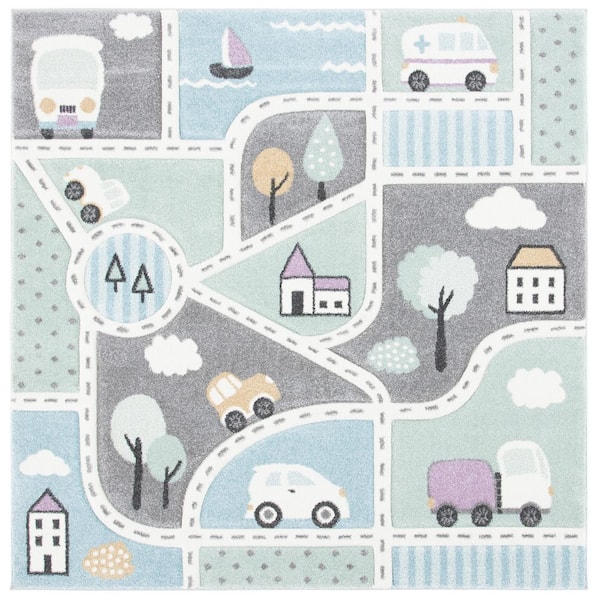 Carousel Kids 4 ft. x 4 ft. Gray/Light Blue Neighborhood Roads Square Area Rug