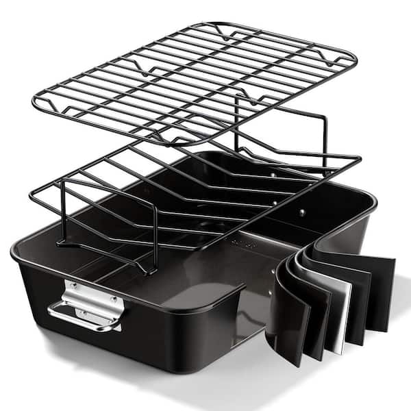 Non‑Stick 9.47 qt. Black Carbon Steel, Oven‑Safe Deep Roasting Pan with Racks for Thanksgiving Holiday Meals