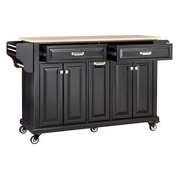 Kitchen Cart with Storage Cabinet, 2-Top Drawers and Center Double Layered Storage Cabinet in Black