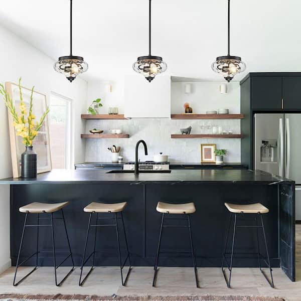 Bay 2-Light 10 in. Matte Black Pendant Light Foyer Circle Convertible Semi Flush Mount Light with Hammered Water Glass