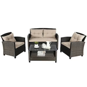 Brown Wicker Outdoor Chaise Lounge with Beige Cushions