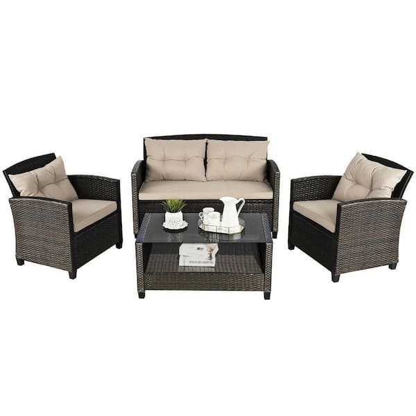 Costway Brown Wicker Outdoor Chaise Lounge with Beige Cushions