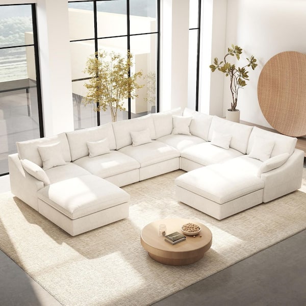 Modular 8-piece 156 in. Flared Arm Linen U-shaped Sectional Sofa with Thick Cushion, Ottomans, Removable Covers in White