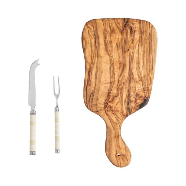 French Home Jubilee Cheese Knife, Fork, and Olive Wood Cheese Board Set