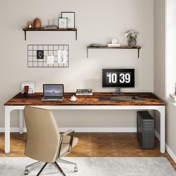 BYBLIGHT Moronia 78. 7in. Rectangle Brown and White Wooden Extra Long Computer Desk 2 Person Desk Workstaion Black Metal Frame