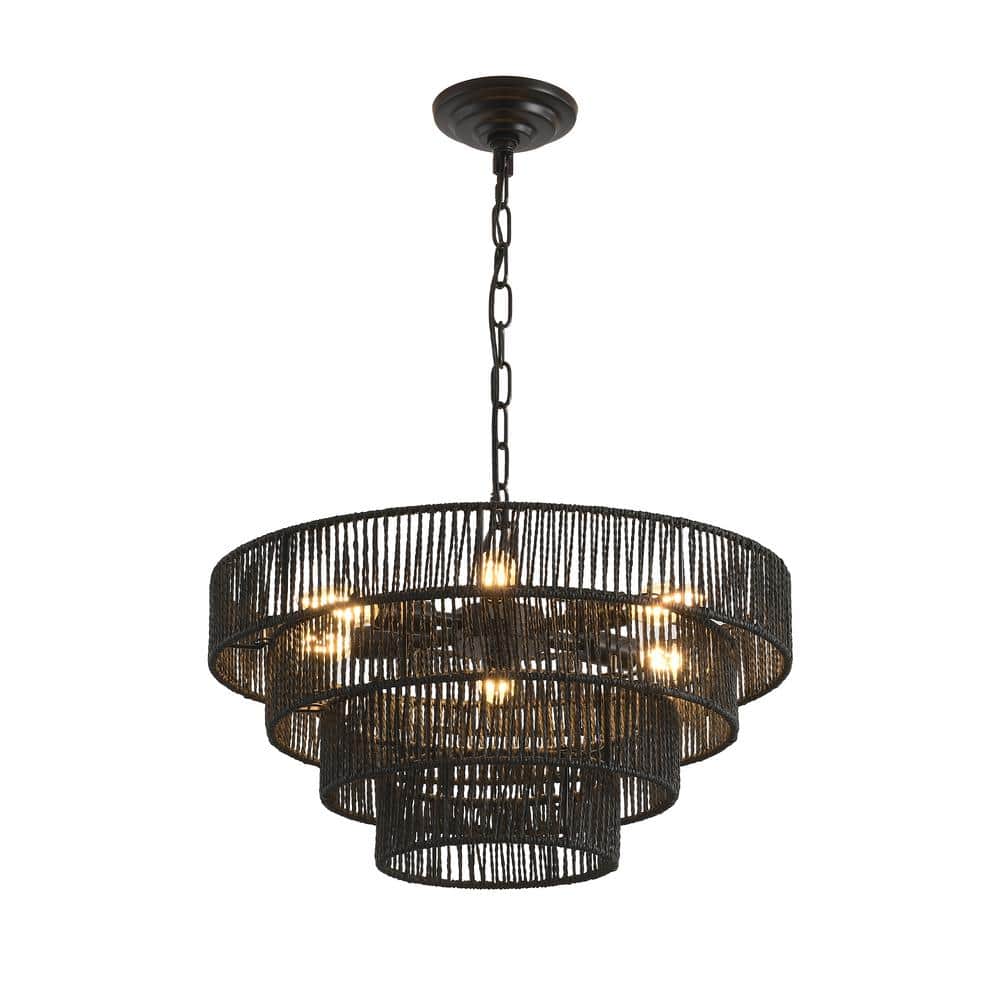 6 Light Black Rustic 4-Tier Hemp Rope Chandelier for Dining Room, Kitchen, 