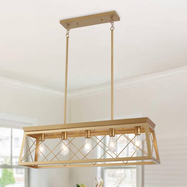 LWYTJO 5-Light 37.8 in. W Vintage Rustic Spray Gold Linear Chandelier for Kitchen Island Dining Room with No Bulbs Included