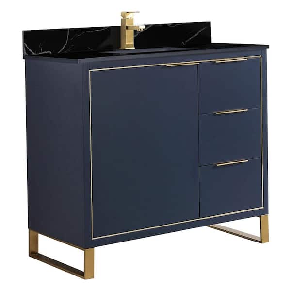 FINE FIXTURES Opulence 36 in. W x 18 in. D x 33.5 in. H Bath Vanity in Navy Blue with Black Marble Single sink Top
