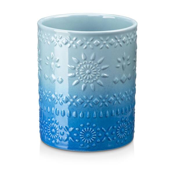 LOVECASA Blue Stoneware Utensil Holder Kitchen Utensil Organizer Cylinder Utensil Crock Storage for Kitchen Counter