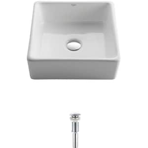 Square Ceramic Vessel Bathroom Sink in White with Pop Up Drain in Chrome
