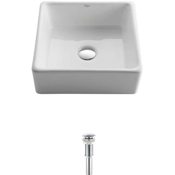 KRAUS Square Ceramic Vessel Bathroom Sink in White with Pop Up Drain in Chrome