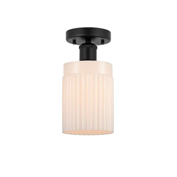 Hadley 4.5 in. 1-Light Matte Black Art Deco Semi-Flush Mount with Frosted Glass Shade