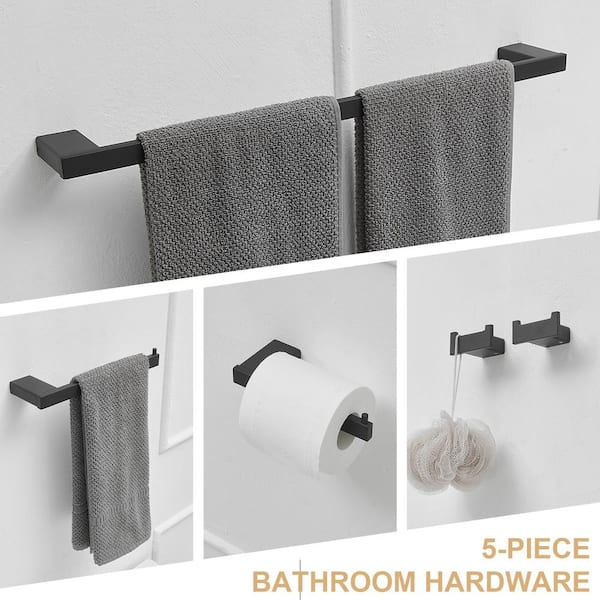 5-Piece Bath Hardware Set with Towel Bar Towel Hook Toilet Paper Holder in Matte Black