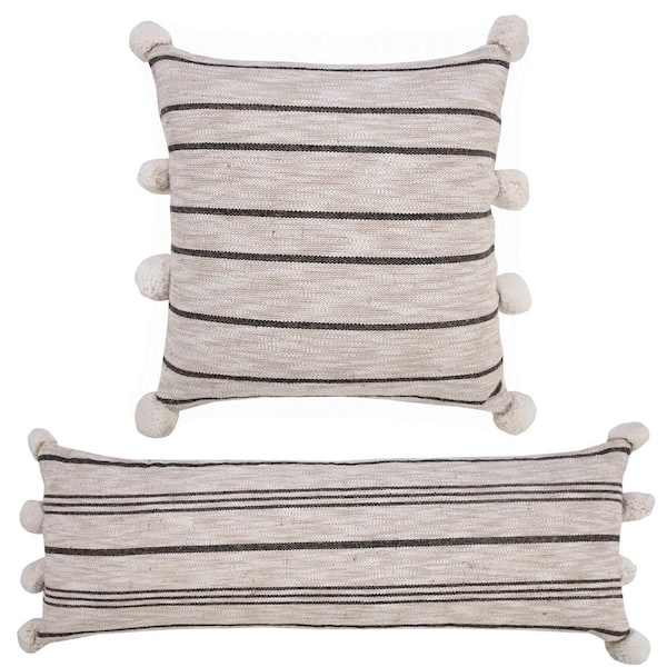 IMMEKEY 2 PCS Square Striped Throw Pillow Covers with Pom-Poms