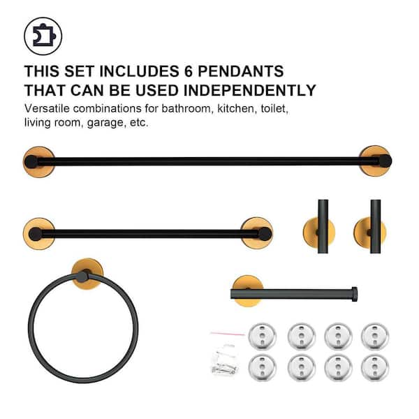 Zalerock Modern 6-Piece Bath Hardware Set with Towel Bar*2, Towel Ring*1, Toilet  Paper Holder*1, Hook*2 in Black and Gold GJ66016 - The Home Depot