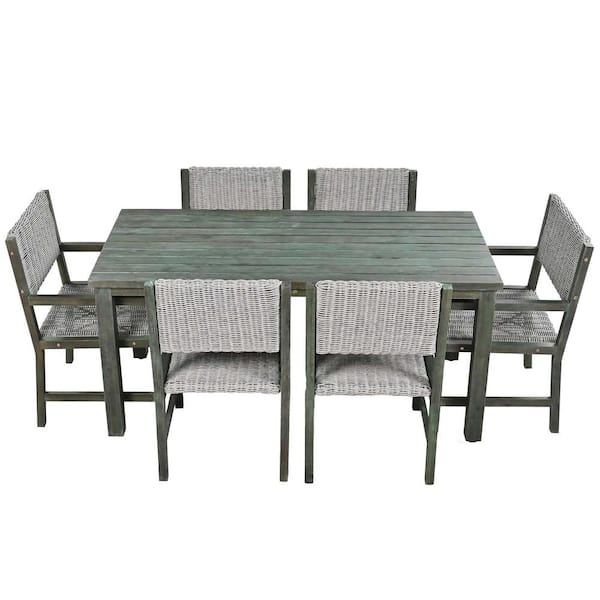 Tunearary 7-Piece Gray Acacia Wood and Rattan Outdoor Dining Table and Chairs Set for Patio and Balcony