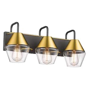 22 in. 3-Light Black and Brushed Gold Finish Vanity Light with Clear Glass Shade Wall Sconce for Mirror Bedroom Hallway
