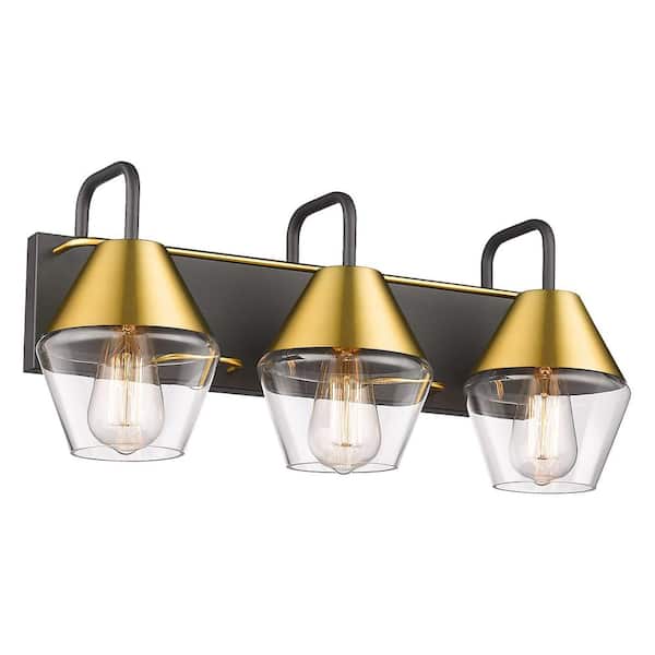 JAZAVA 22 in. 3-Light Black and Brushed Gold Finish Vanity Light with Clear Glass Shade Wall Sconce for Mirror Bedroom Hallway