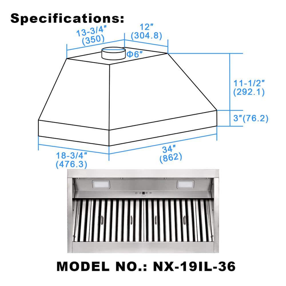 36 Inch Stainless Steel Insert Range Hood with LED Lights
