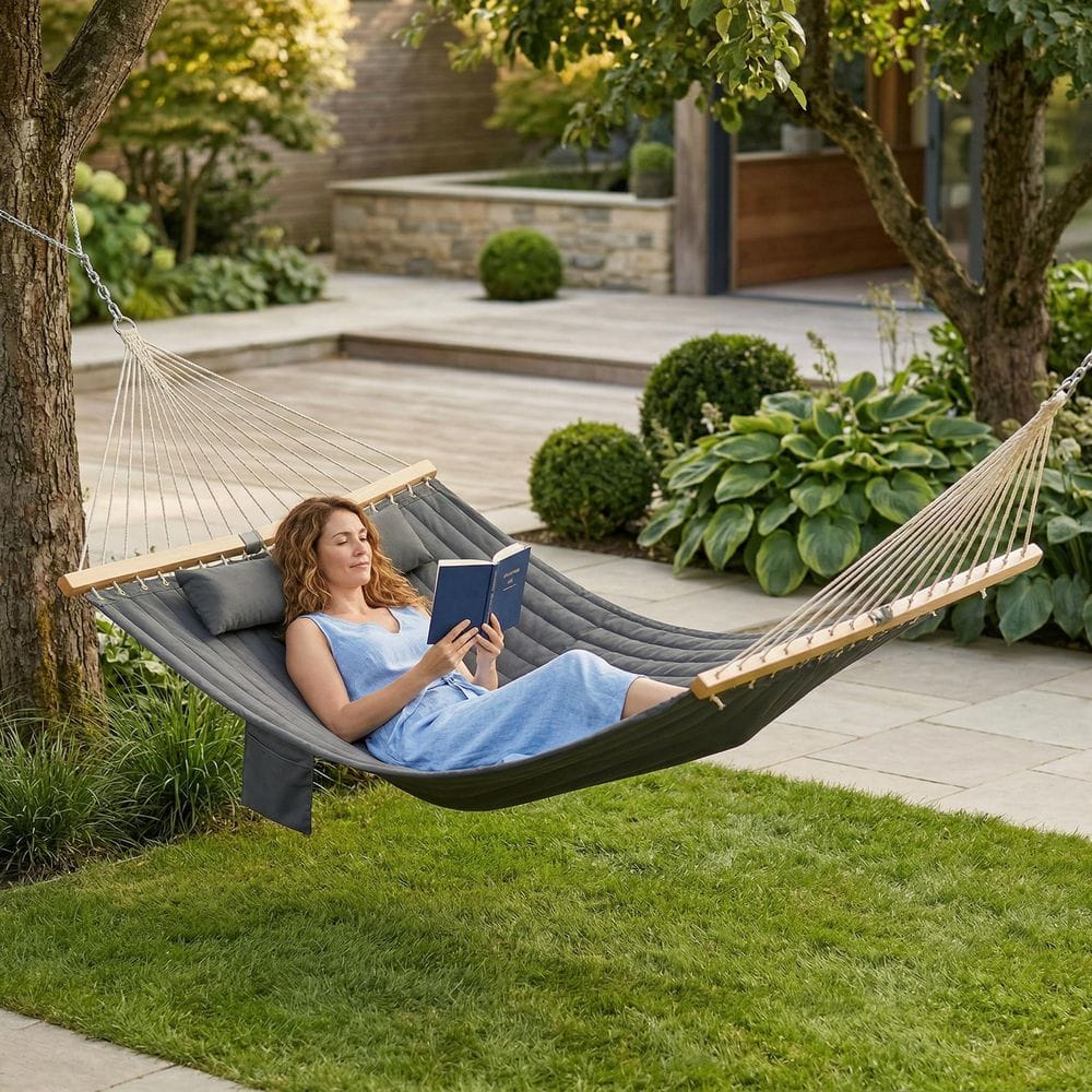 2-Person Gray Wood Porch Swing, Patio Swing Chair Double Hammock
