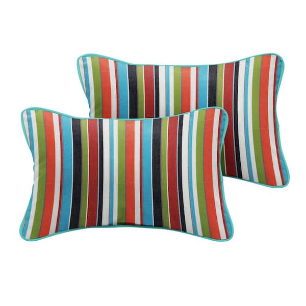 SORRA HOME Sunbrella Colorful Stripe with Aruba Blue Rectangular Outdoor Corded Lumbar Pillows (2-Pack)