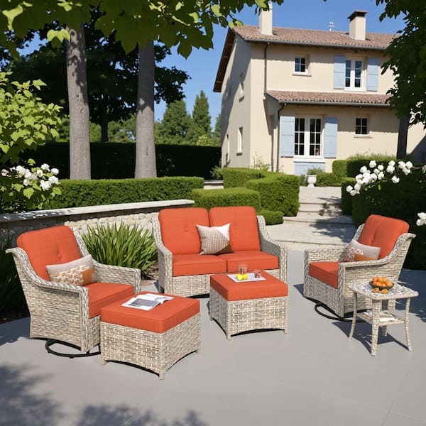 OVIOS Palffy Gray 6-Piece Wicker Patio Conversation Seating Set with Orange Red Cushions and Swivel Rocking Chairs