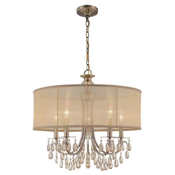 Elegant Brass Drum Chandelier with Silk Shade and Etruscan Teardrop Crystals
